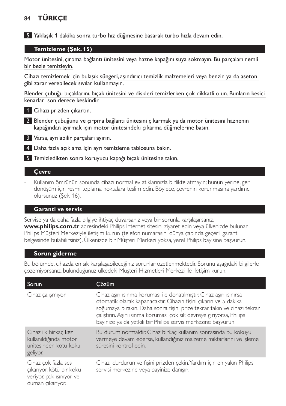 Temizleme (şek. 15), Çevre, Garanti ve servis | Sorun giderme | Philips Frullatore ad immersione User Manual | Page 84 / 88