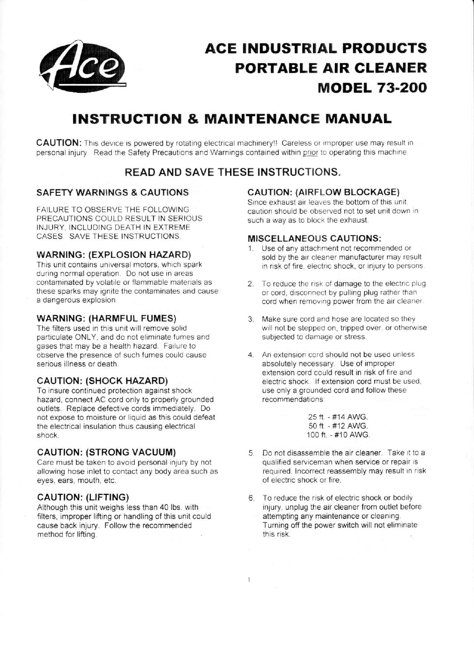 Ace 73-100 User Manual | 4 pages