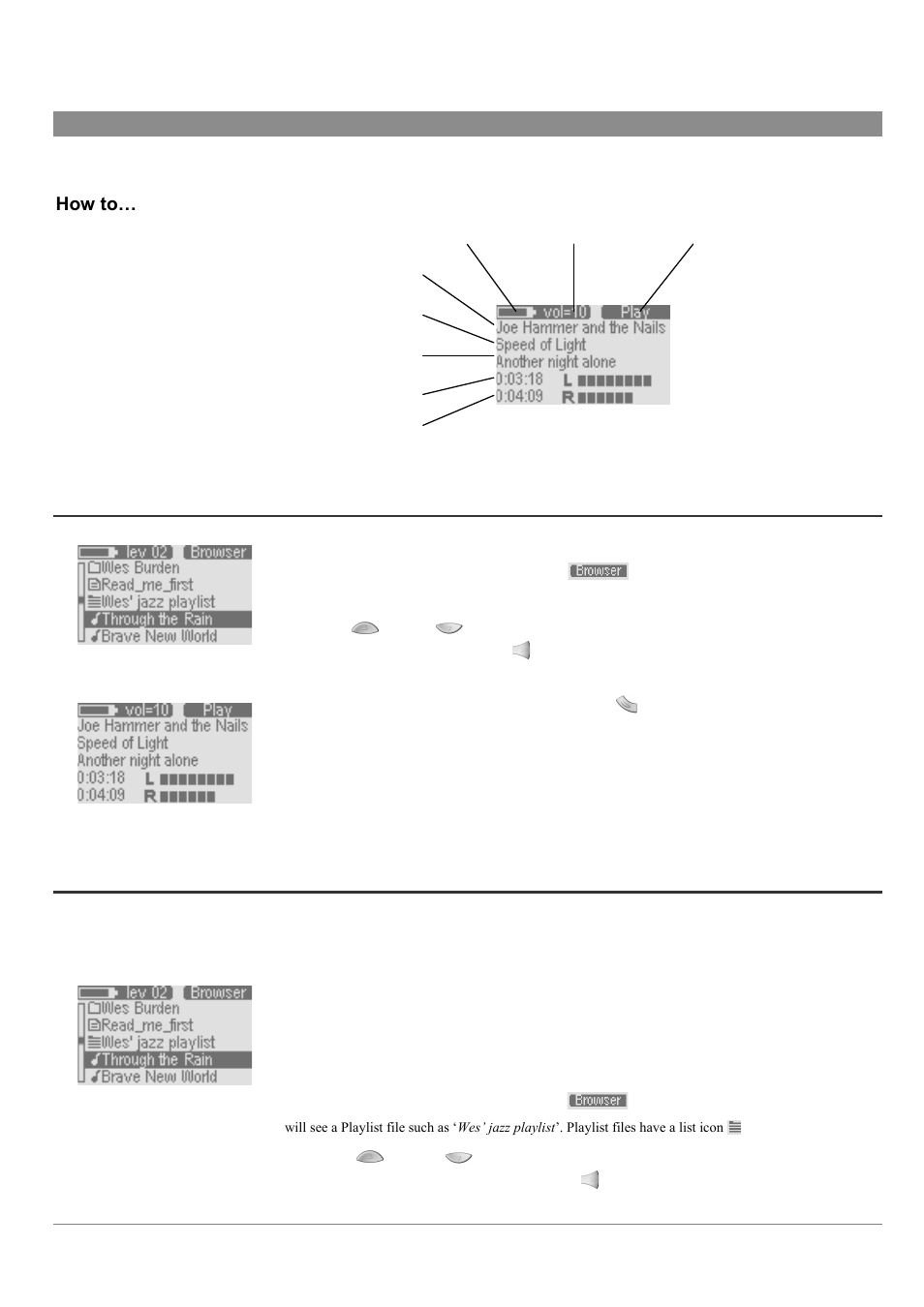 4 playing mp3 music files, How to, 1 how to play an mp3 file | 2 how to play a playlist | ARCHOS MP3 Playe User Manual | Page 9 / 20