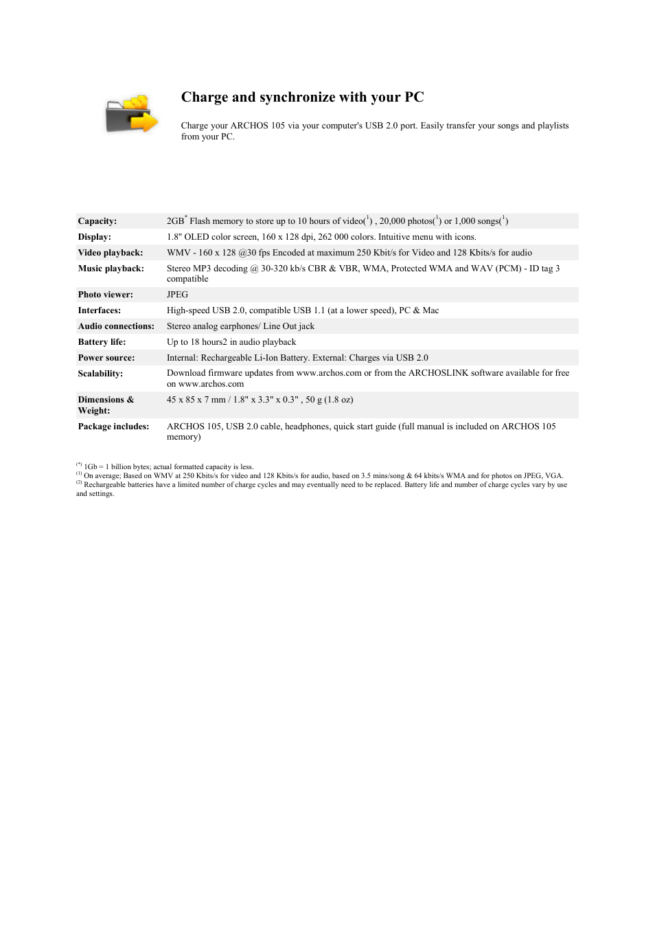 Charge and synchronize w ith your pc | ARCHOS 105 User Manual | Page 2 / 2