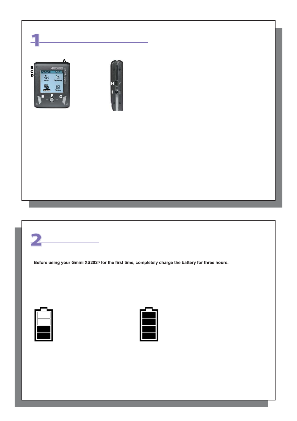 Ports, buttons, and connections, First time usage | ARCHOS Gmini XS202S User Manual | Page 3 / 26