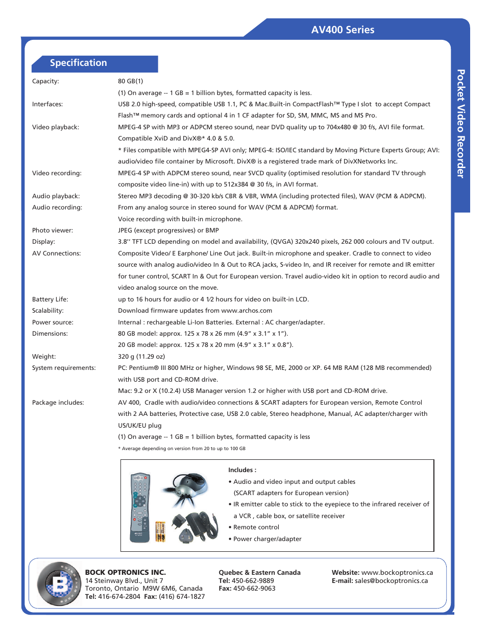 Av400 series pocket video recorder, Specification | ARCHOS AV400 User Manual | Page 2 / 2