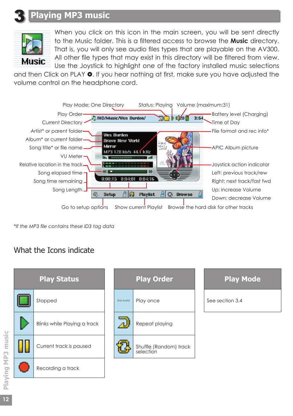 Playing mp3 music, What the icons indicate, Play status play order play mode | ARCHOS AV340 User Manual | Page 12 / 52