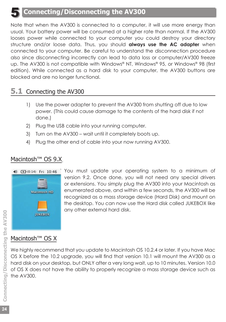 Connecting/disconnecting the av300 | ARCHOS AV340 User Manual | Page 24 / 52
