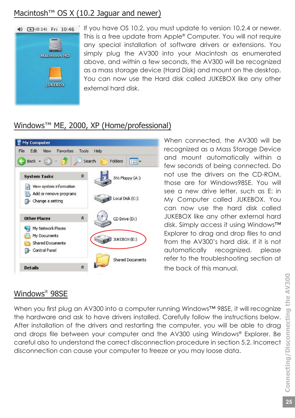 Macintosh™ os x (10.2 jaguar and newer), Windows™ me, 2000, xp (home/professional), Windows | 98se | ARCHOS AV340 User Manual | Page 25 / 52