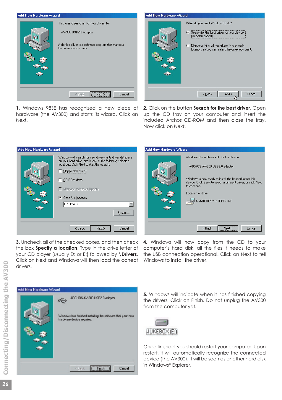 Connecting/disconnecting the av300 | ARCHOS AV340 User Manual | Page 26 / 52