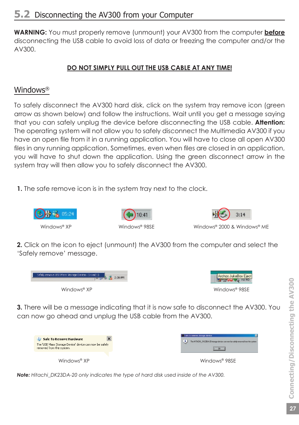 Disconnecting the av300 from your computer, Windows | ARCHOS AV340 User Manual | Page 27 / 52