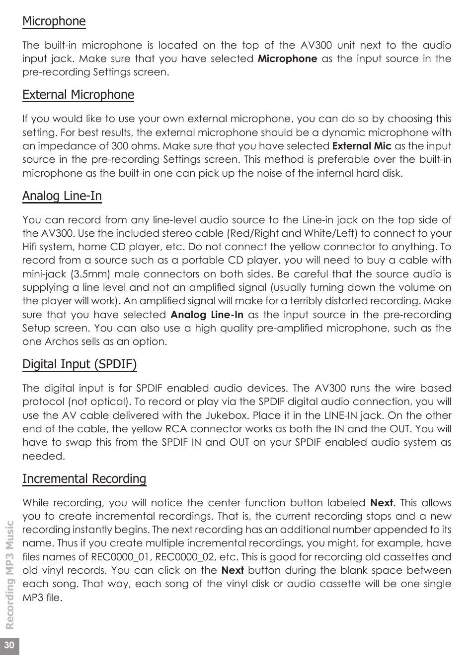 Microphone, External microphone, Analog line-in | Digital input (spdif), Incremental recording | ARCHOS AV340 User Manual | Page 30 / 52