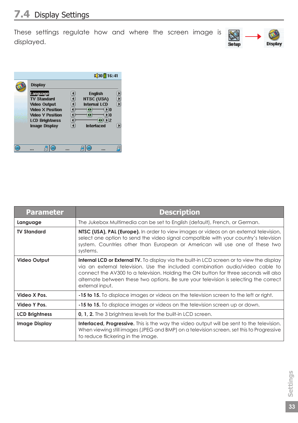 Display settings, Parameter description | ARCHOS AV340 User Manual | Page 33 / 52