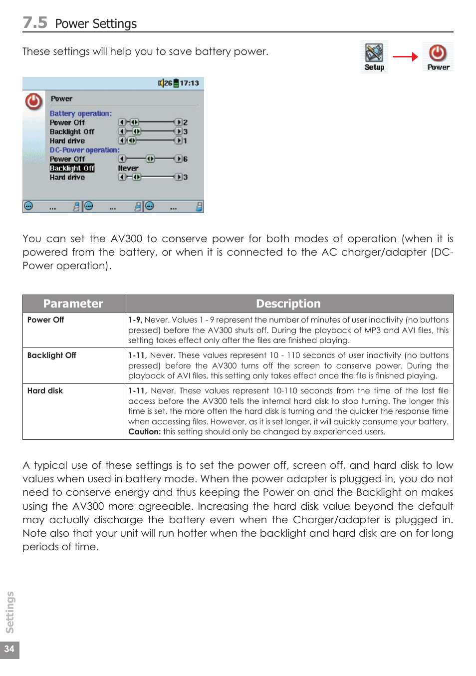 Power settings, Parameter description | ARCHOS AV340 User Manual | Page 34 / 52