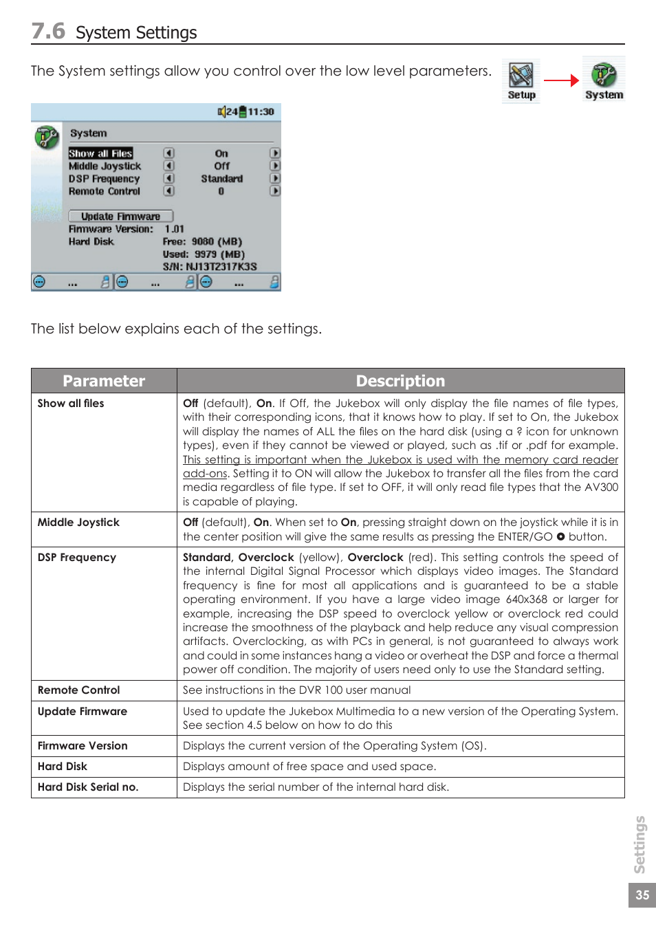 System settings, Parameter description | ARCHOS AV340 User Manual | Page 35 / 52