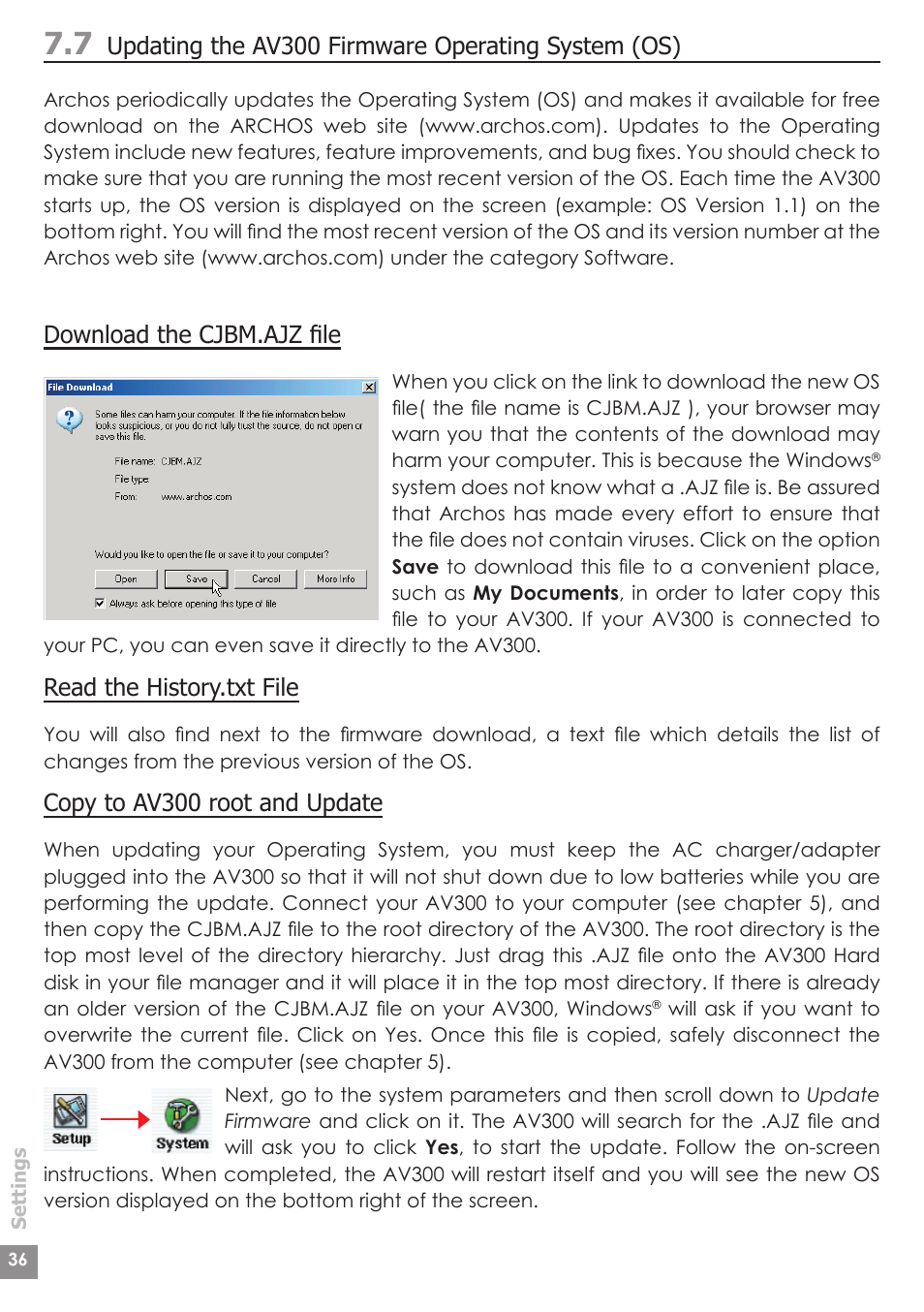 Updating the av300 firmware operating system (os), Download the cjbm.ajz fi le, Read the history.txt file | Copy to av300 root and update | ARCHOS AV340 User Manual | Page 36 / 52