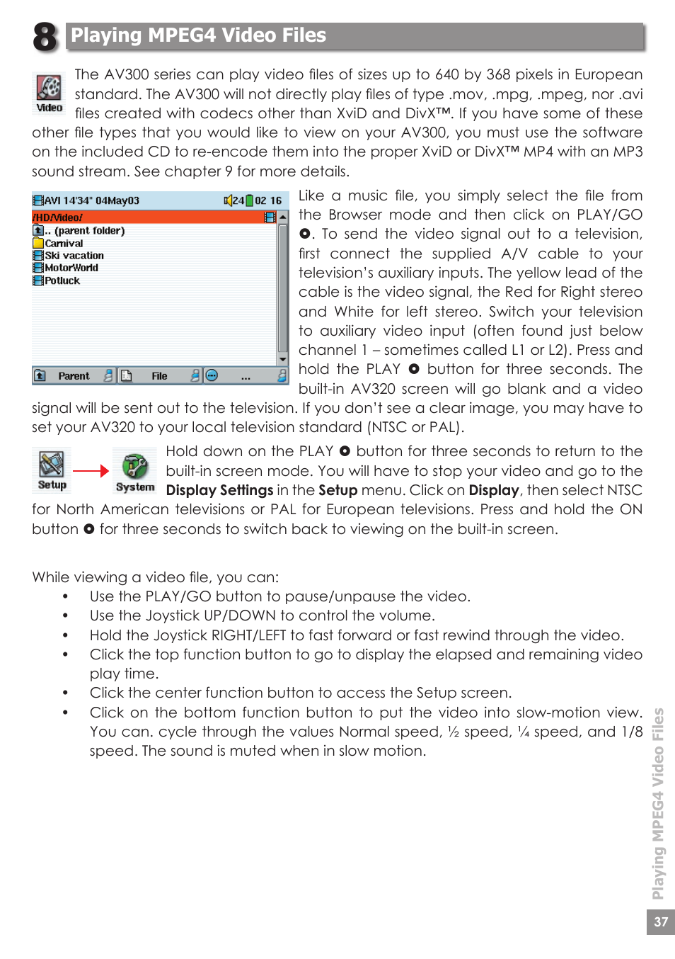 Playing mpeg4 video files | ARCHOS AV340 User Manual | Page 37 / 52