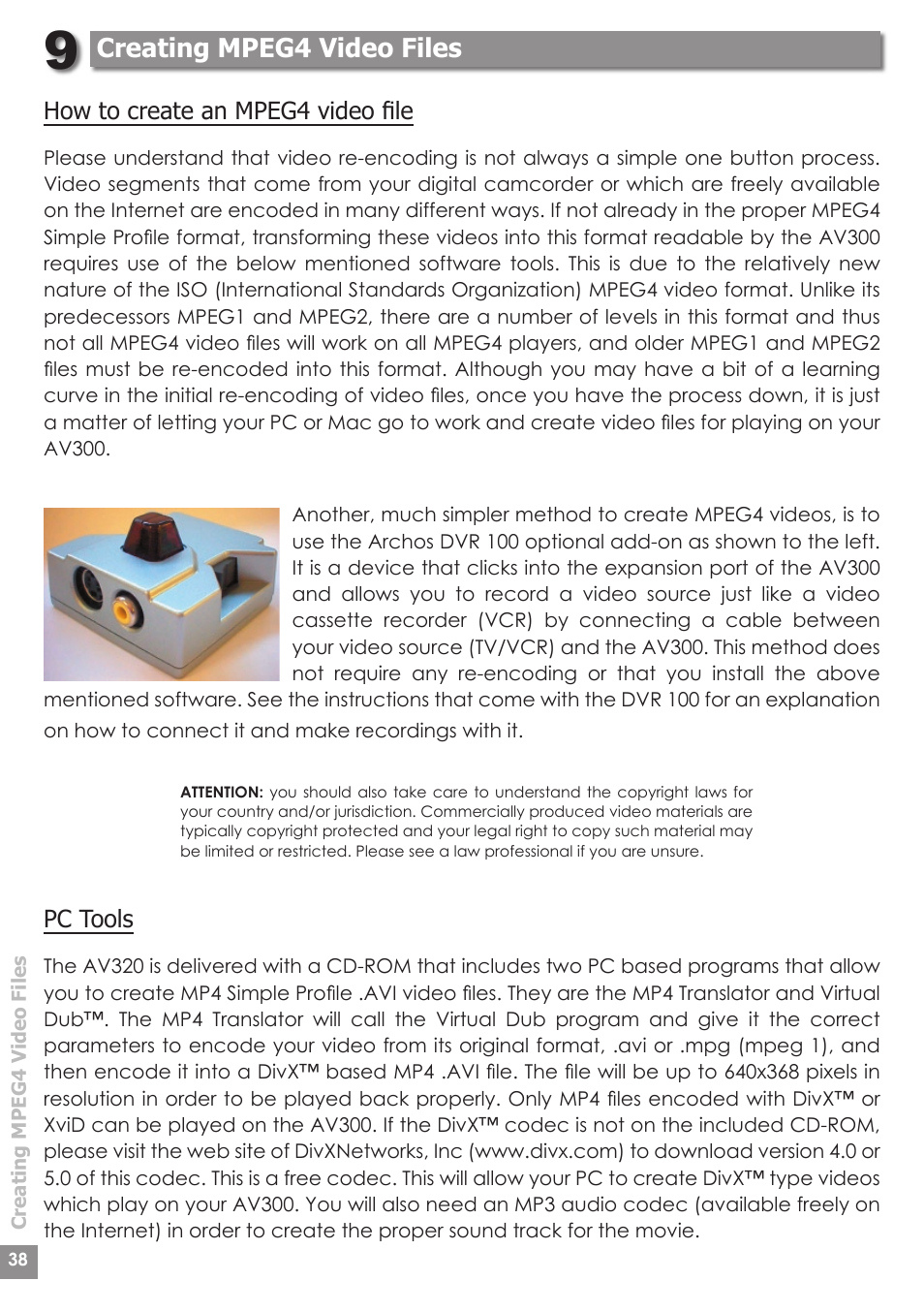 Creating mpeg4 video files | ARCHOS AV340 User Manual | Page 38 / 52