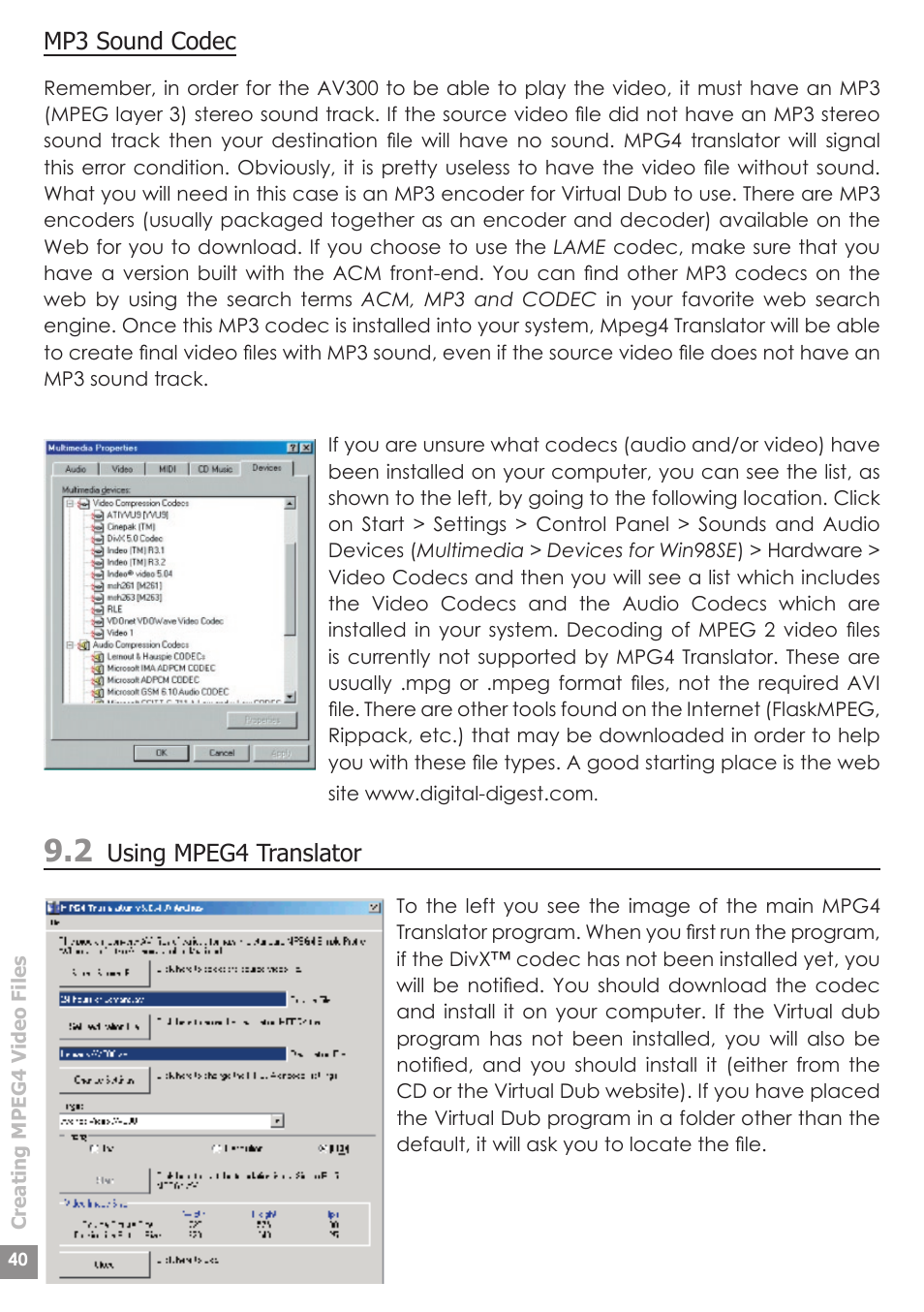 Mp3 sound codec, Using mpeg4 translator | ARCHOS AV340 User Manual | Page 40 / 52