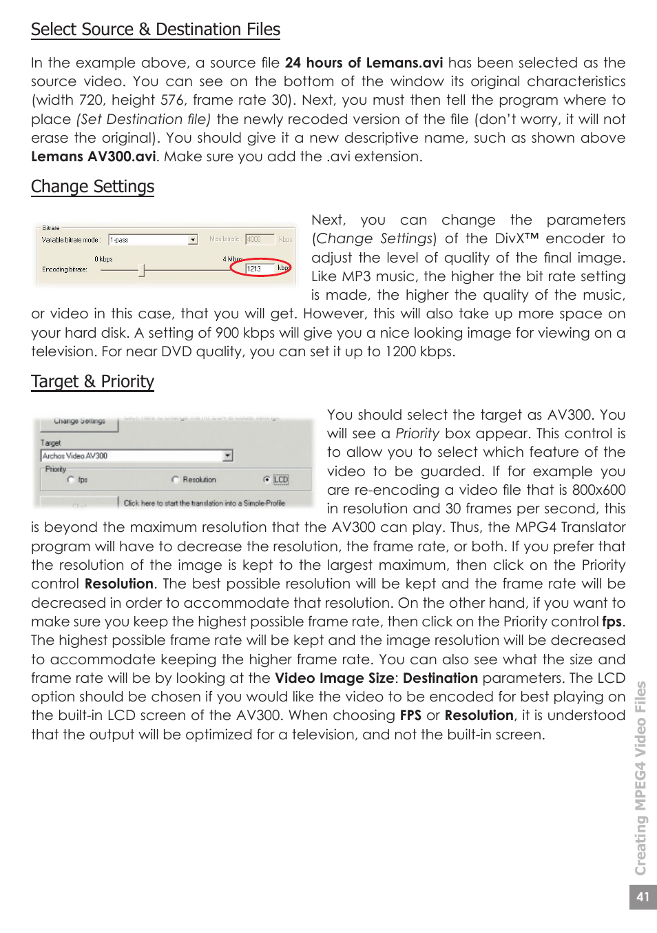 Select source & destination files, Change settings, Target & priority | ARCHOS AV340 User Manual | Page 41 / 52