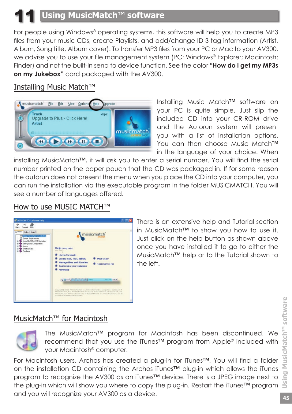 Using musicmatch™ software, Installing music match, How to use music match | Musicmatch™ for macintosh | ARCHOS AV340 User Manual | Page 45 / 52