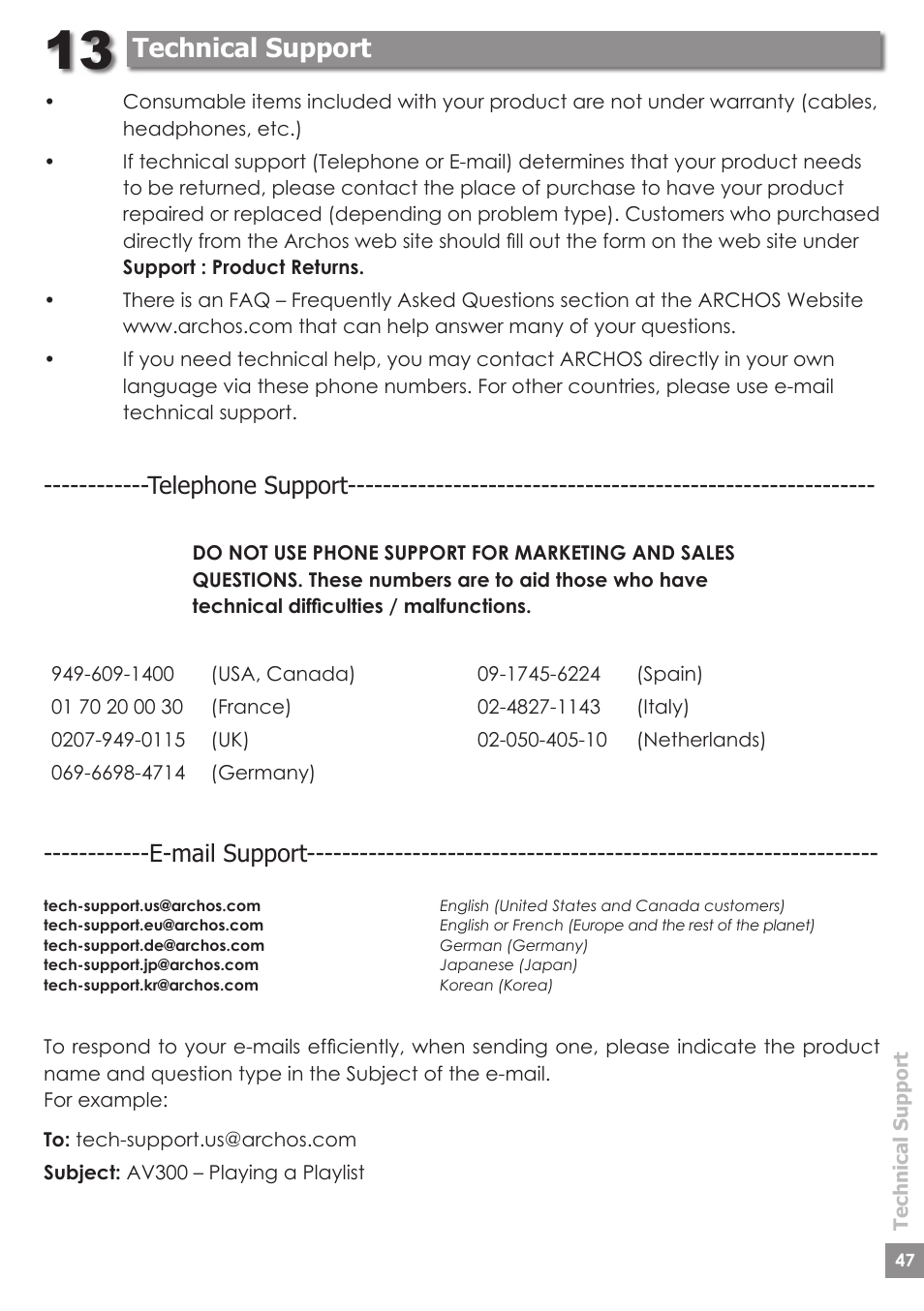 Technical support, Telephone support, E-mail support | ARCHOS AV340 User Manual | Page 47 / 52