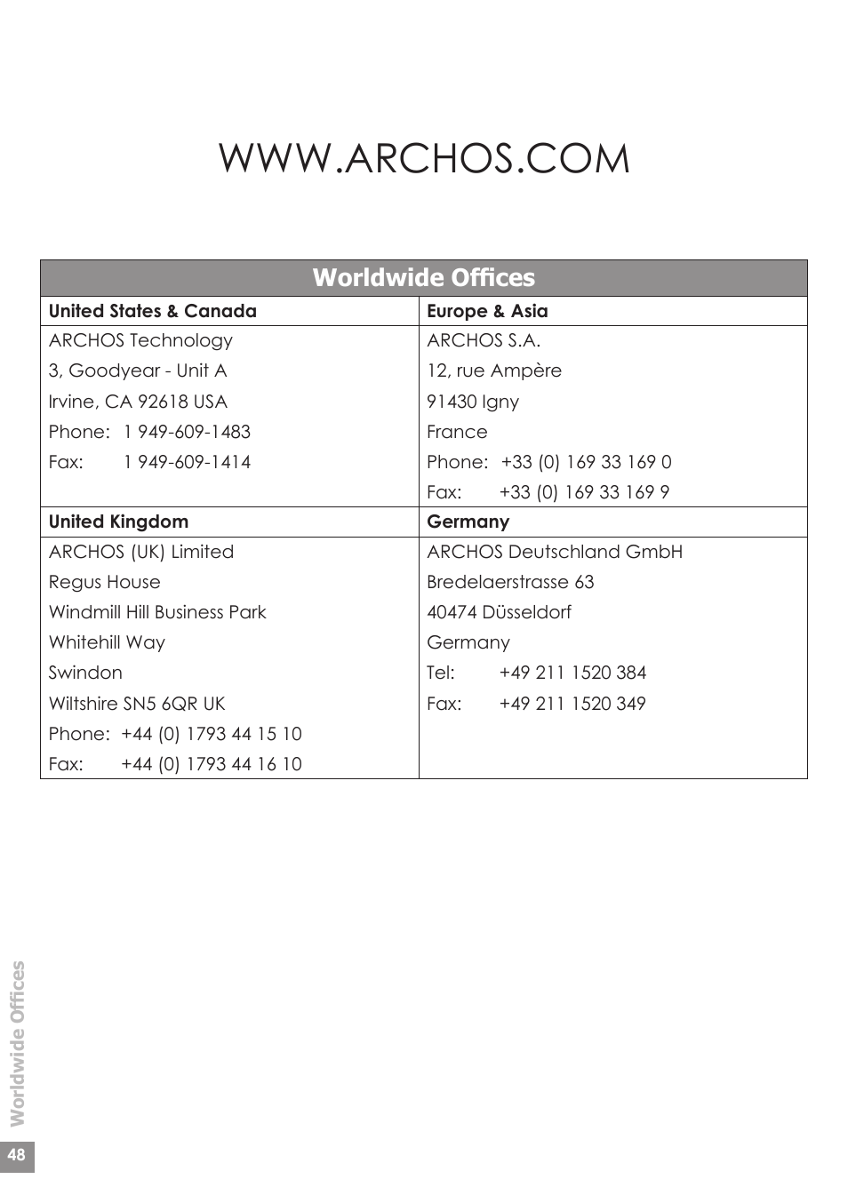 Worldwide offices | ARCHOS AV340 User Manual | Page 48 / 52