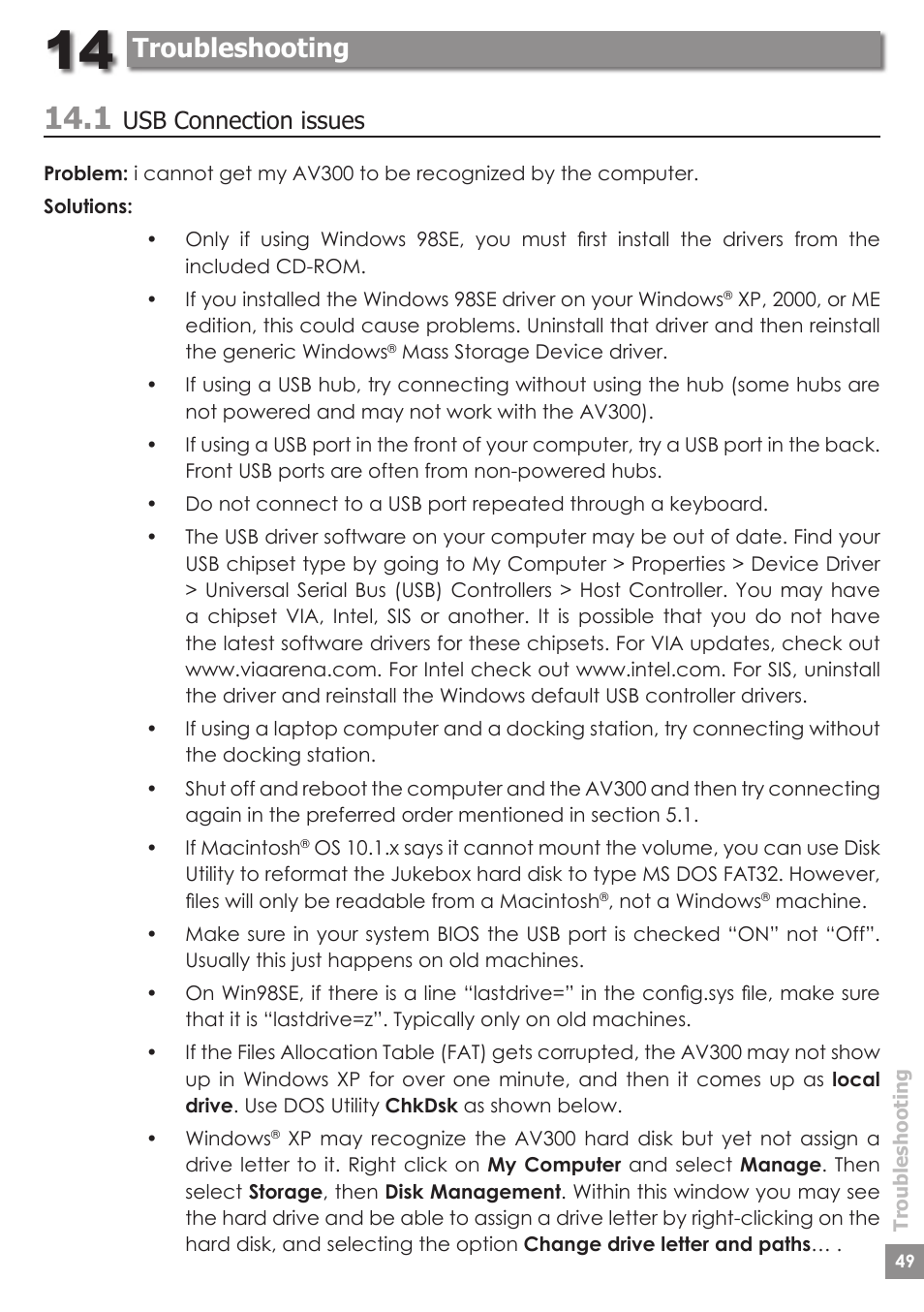Troubleshooting, Usb connection issues | ARCHOS AV340 User Manual | Page 49 / 52