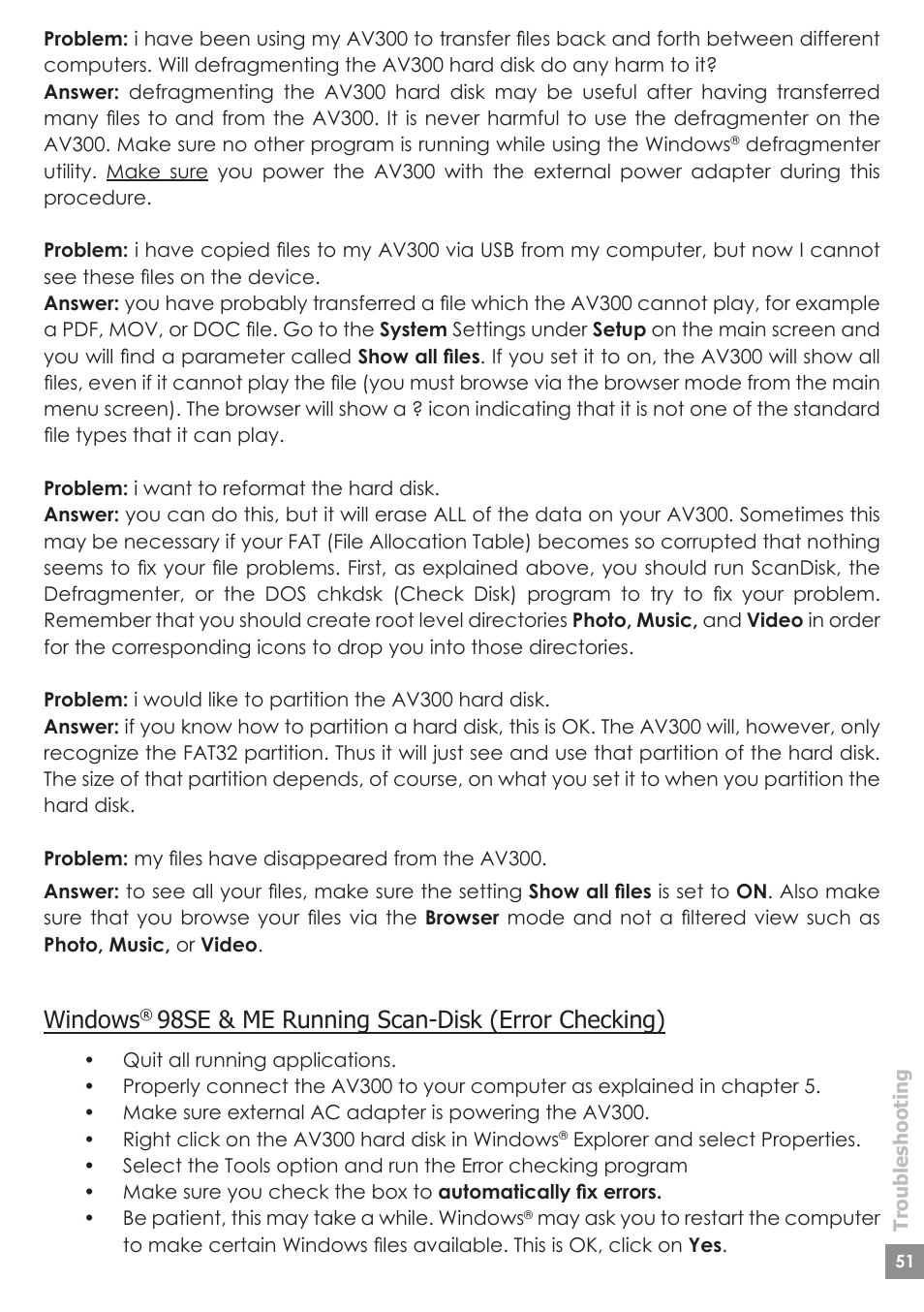 Windows, 98se & me running scan-disk (error checking) | ARCHOS AV340 User Manual | Page 51 / 52