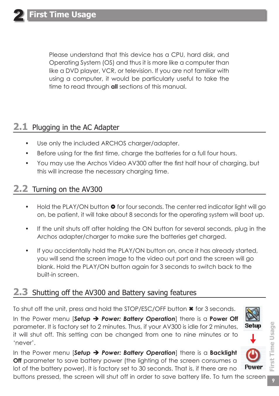 First time usage | ARCHOS AV340 User Manual | Page 9 / 52