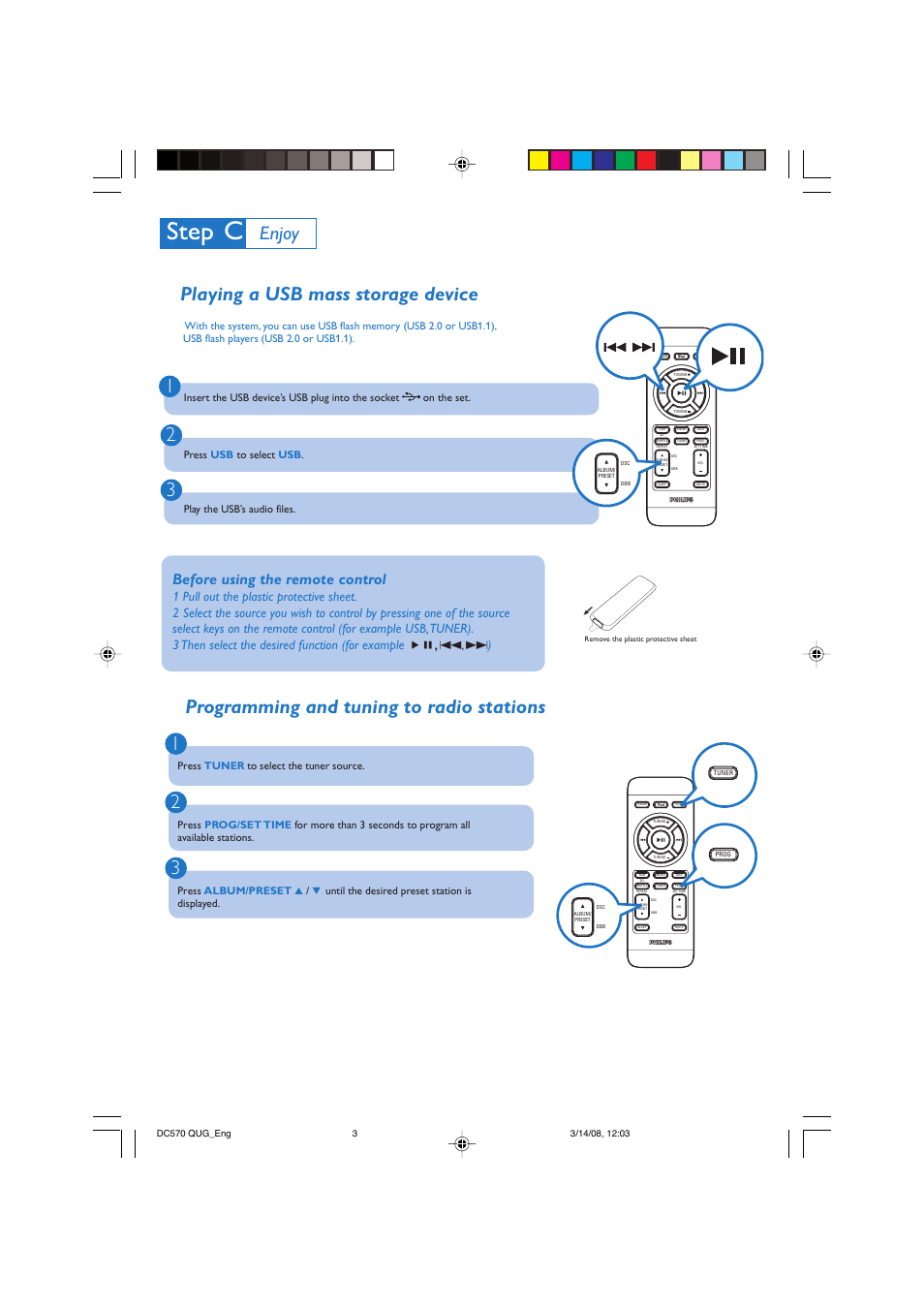 Playing a usb mass storage device, Programming and tuning to radio stations 1 2 3, Enjoy | Before using the remote control | Philips DC570-37 User Manual | Page 3 / 4