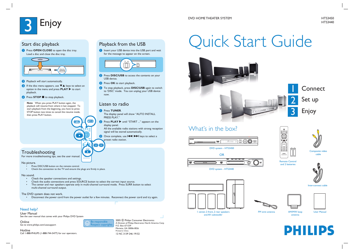 Quick start guide, Enjoy, Connect set up enjoy | What’s in the box, Start disc playback, Playback from the usb, Listen to radio, Troubleshooting | Philips HTS3450-37B User Manual | Page 2 / 2