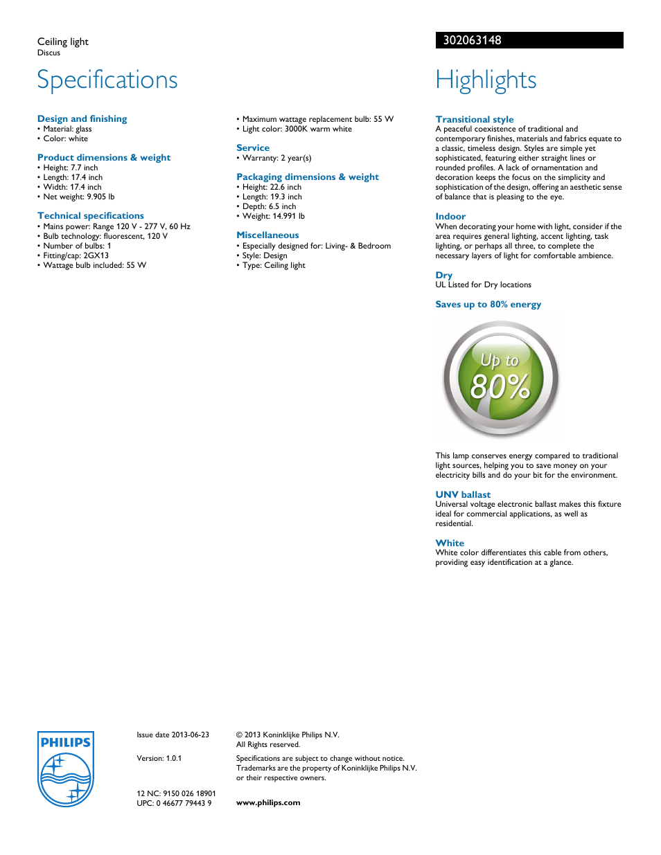 Specifications, Highlights | Philips 302063148 User Manual | Page 2 / 2