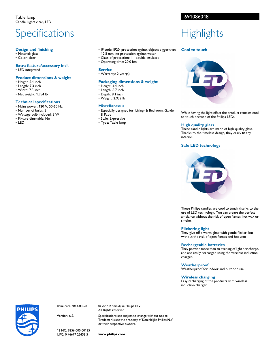 Specifications, Highlights | Philips 691086048 User Manual | Page 2 / 2