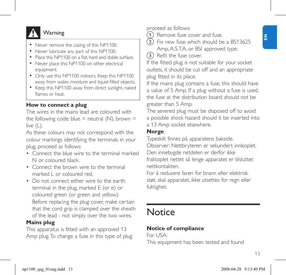 Notice | Philips NP1100-37 User Manual | Page 15 / 21