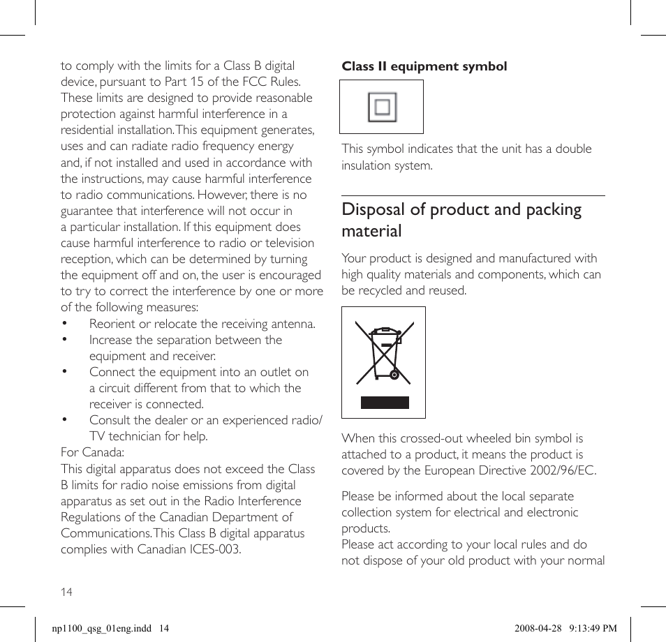 Disposal of product and packing material | Philips NP1100-37 User Manual | Page 16 / 21