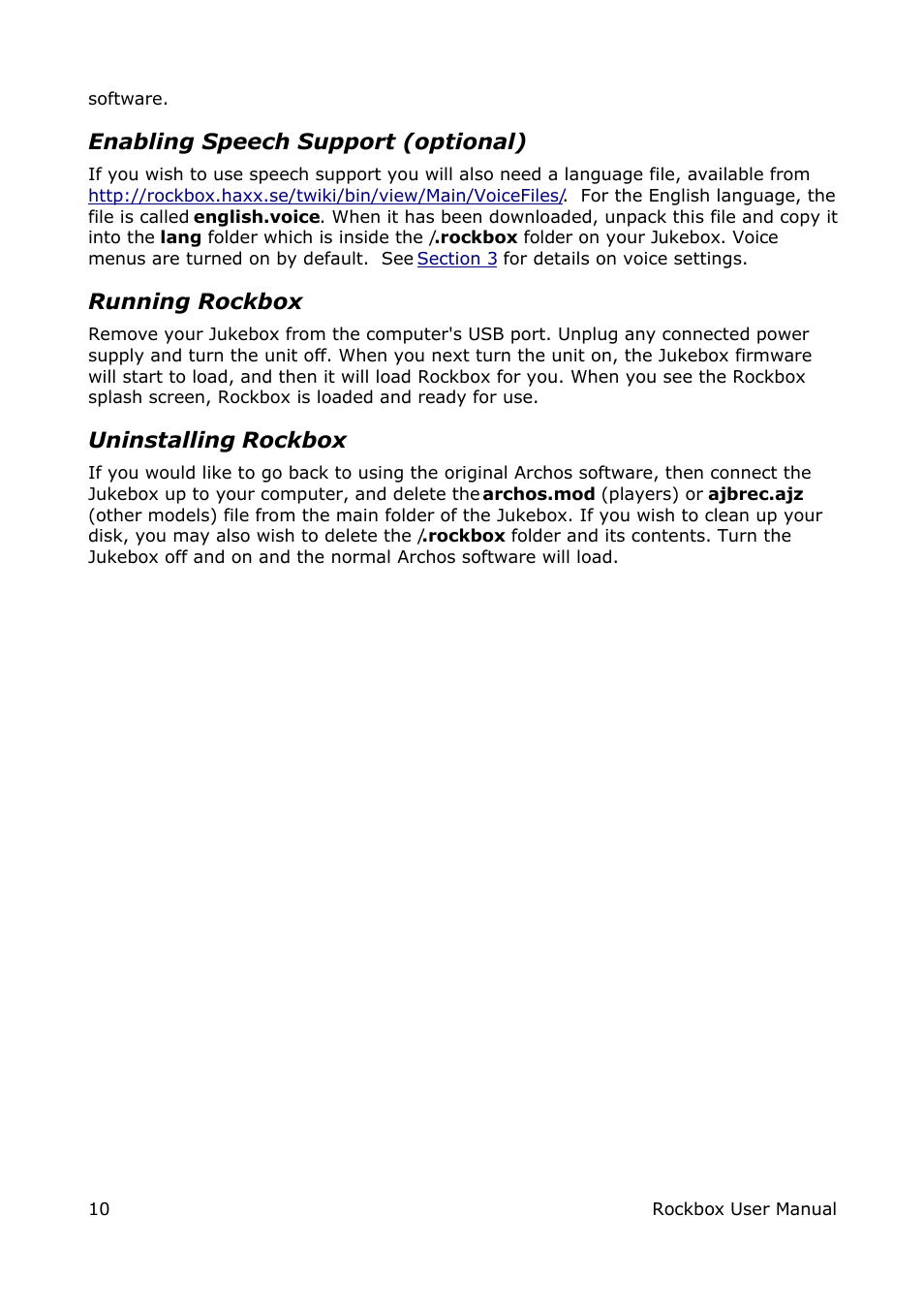 Enabling speech support (optional), Running rockbox, Uninstalling rockbox | ARCHOS box rock User Manual | Page 10 / 90