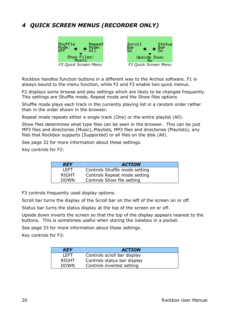 4 quick screen menus (recorder only) | ARCHOS box rock User Manual | Page 20 / 90