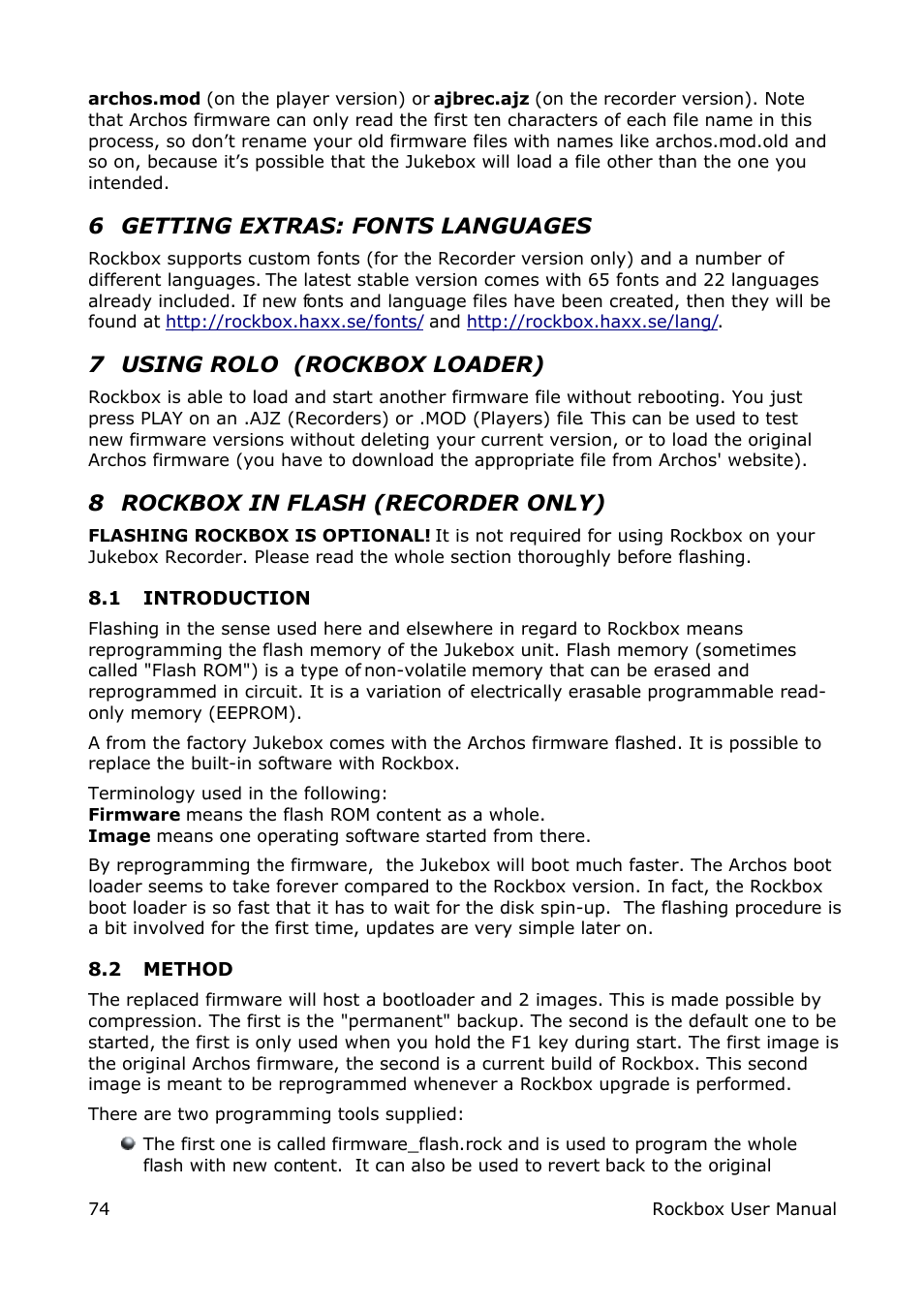 6 getting extras: fonts languages, 7 using rolo (rockbox loader), 8 rockbox in flash (recorder only) | ARCHOS box rock User Manual | Page 74 / 90