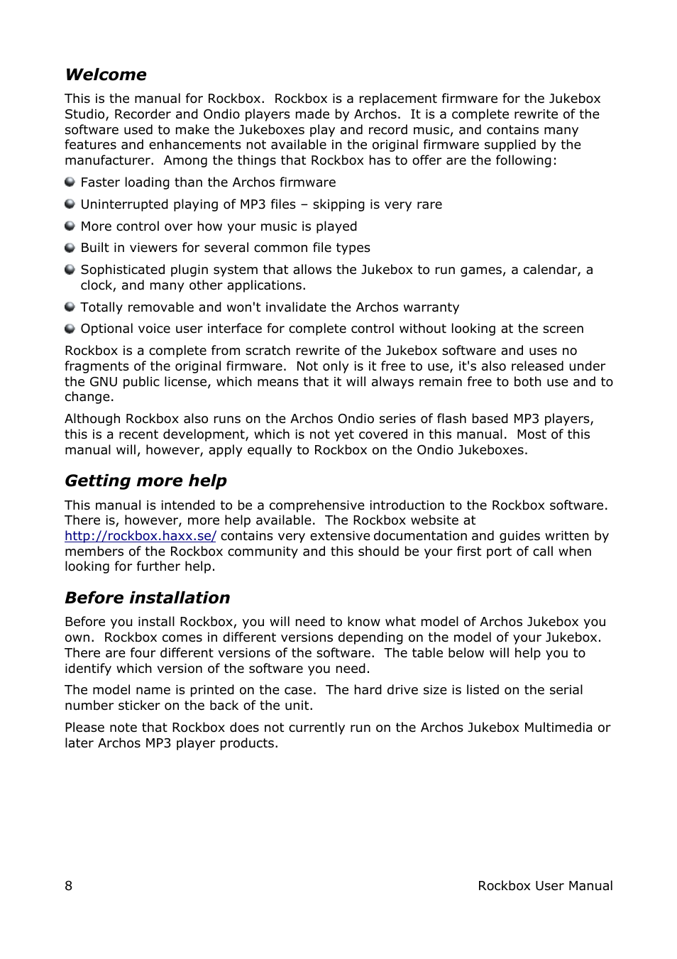 Welcome, Getting more help, Before installation | ARCHOS box rock User Manual | Page 8 / 90