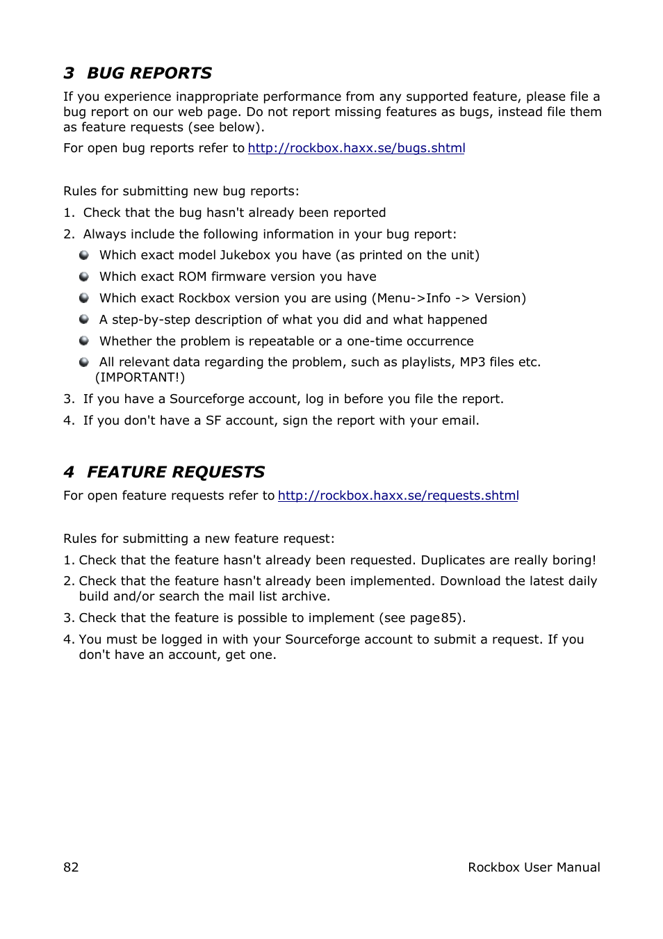 3 bug reports, 4 feature requests | ARCHOS box rock User Manual | Page 82 / 90
