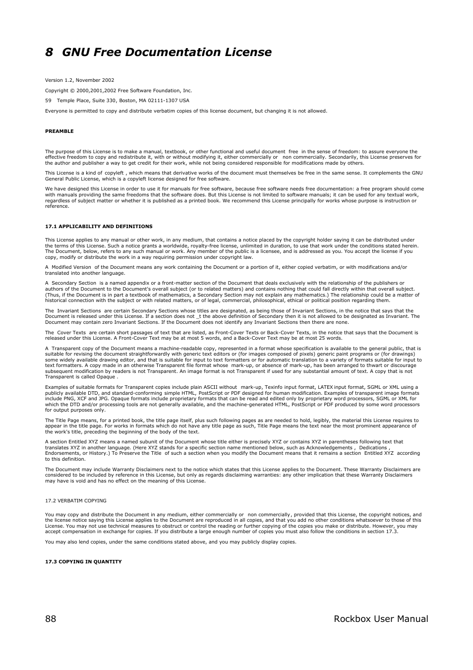 8 gnu free documentation license, 88 rockbox user manual | ARCHOS box rock User Manual | Page 88 / 90