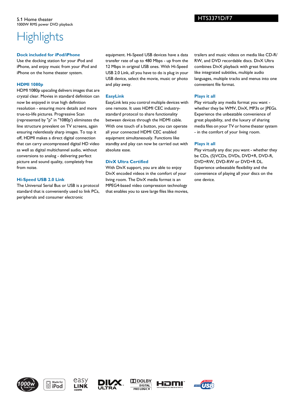 Highlights | Philips HTS3371D-F7E User Manual | Page 2 / 3