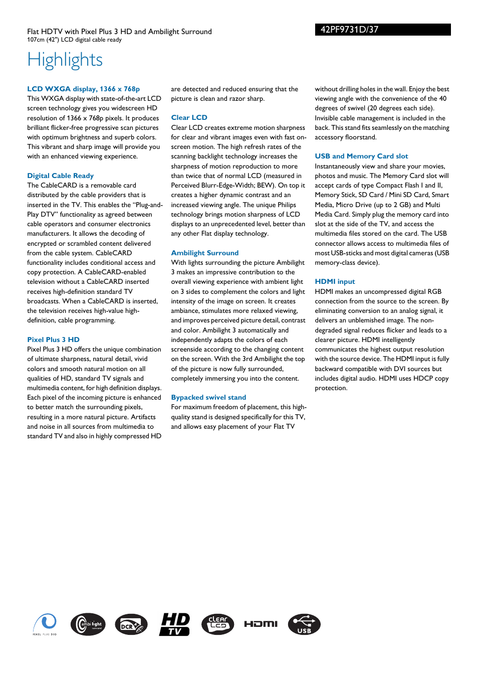 Highlights | Philips 42PF9731D-37B User Manual | Page 2 / 3