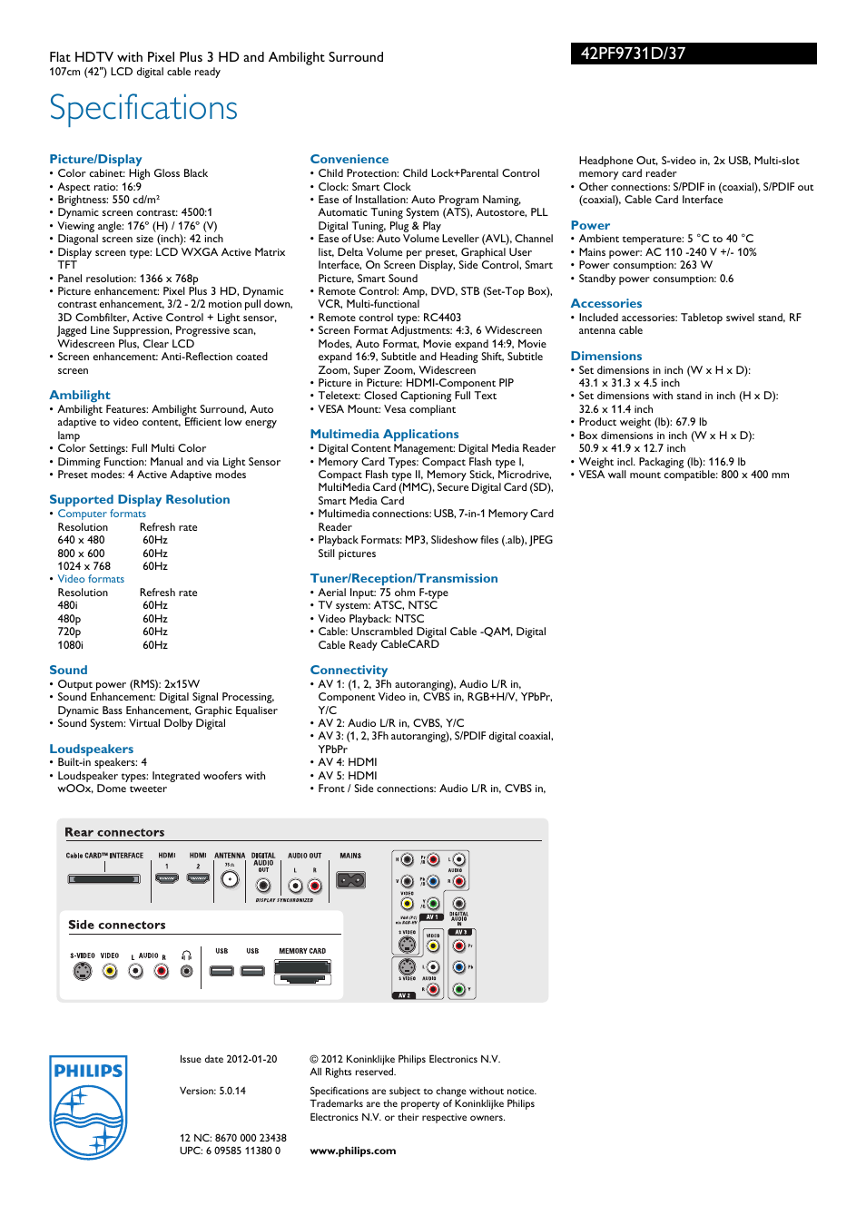 Specifications | Philips 42PF9731D-37B User Manual | Page 3 / 3
