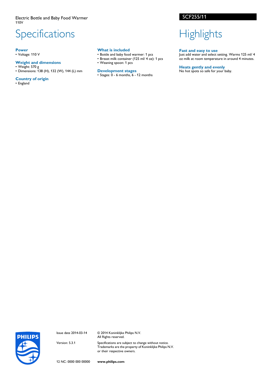 Specifications, Highlights | Philips AVENT Express Bottle and Babyfood Warmer SCF255-11 User Manual | Page 2 / 2