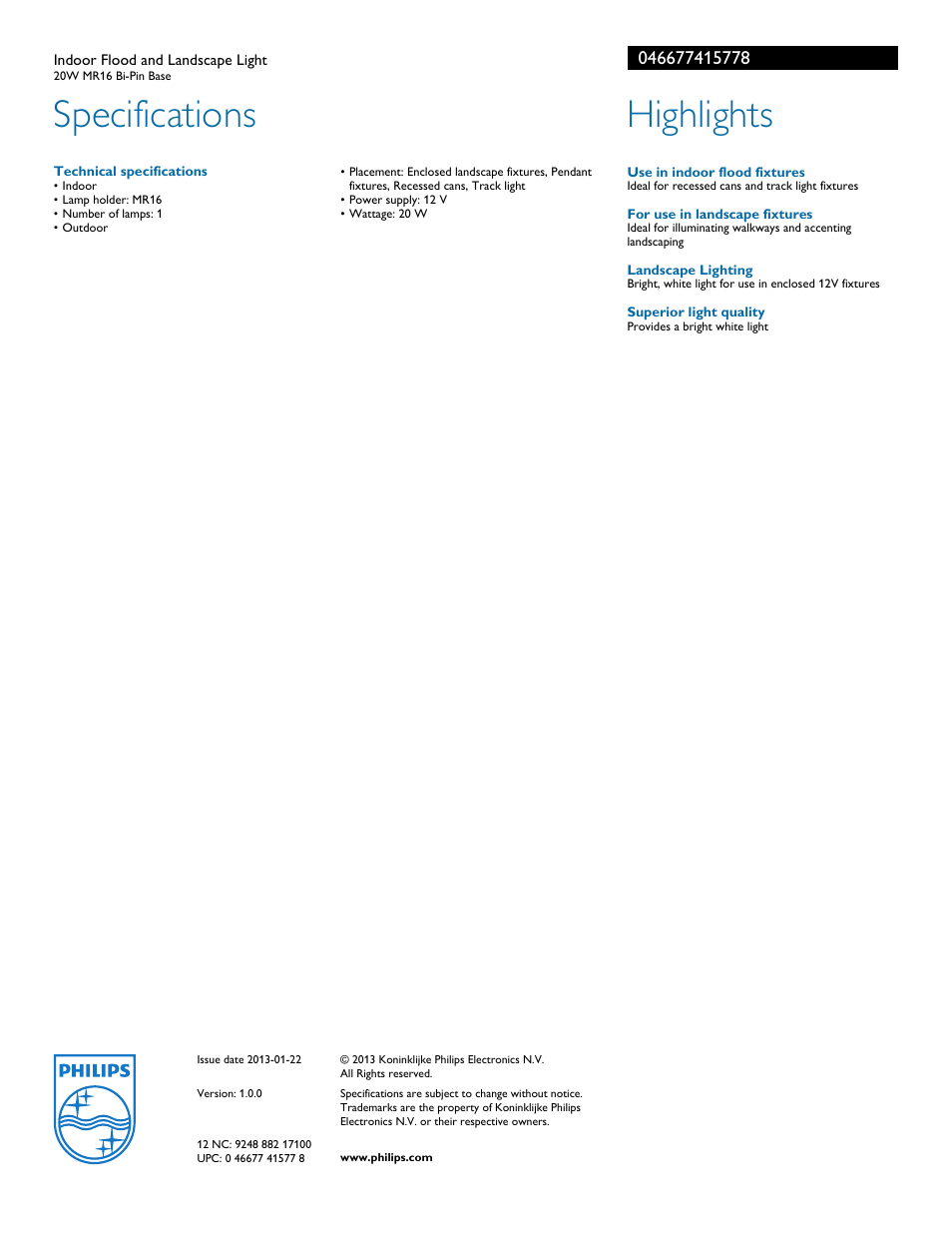 Specifications, Highlights | Philips 046677415778 User Manual | Page 2 / 2