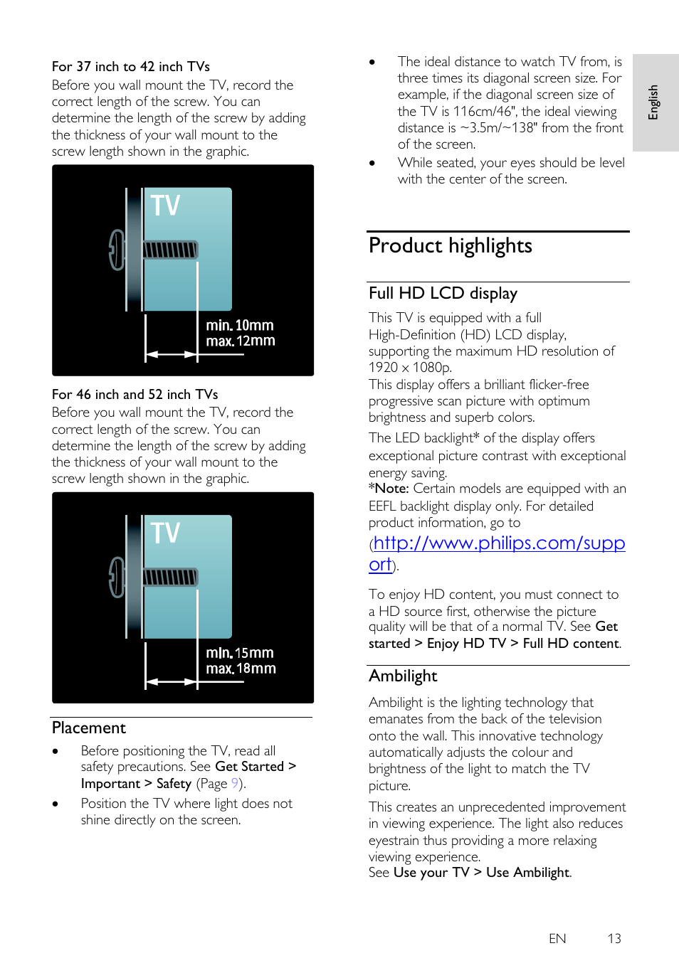 Placement, Product highlights, Full hd lcd display | Ambilight | Philips 46PFL5605H-12 User Manual | Page 13 / 65