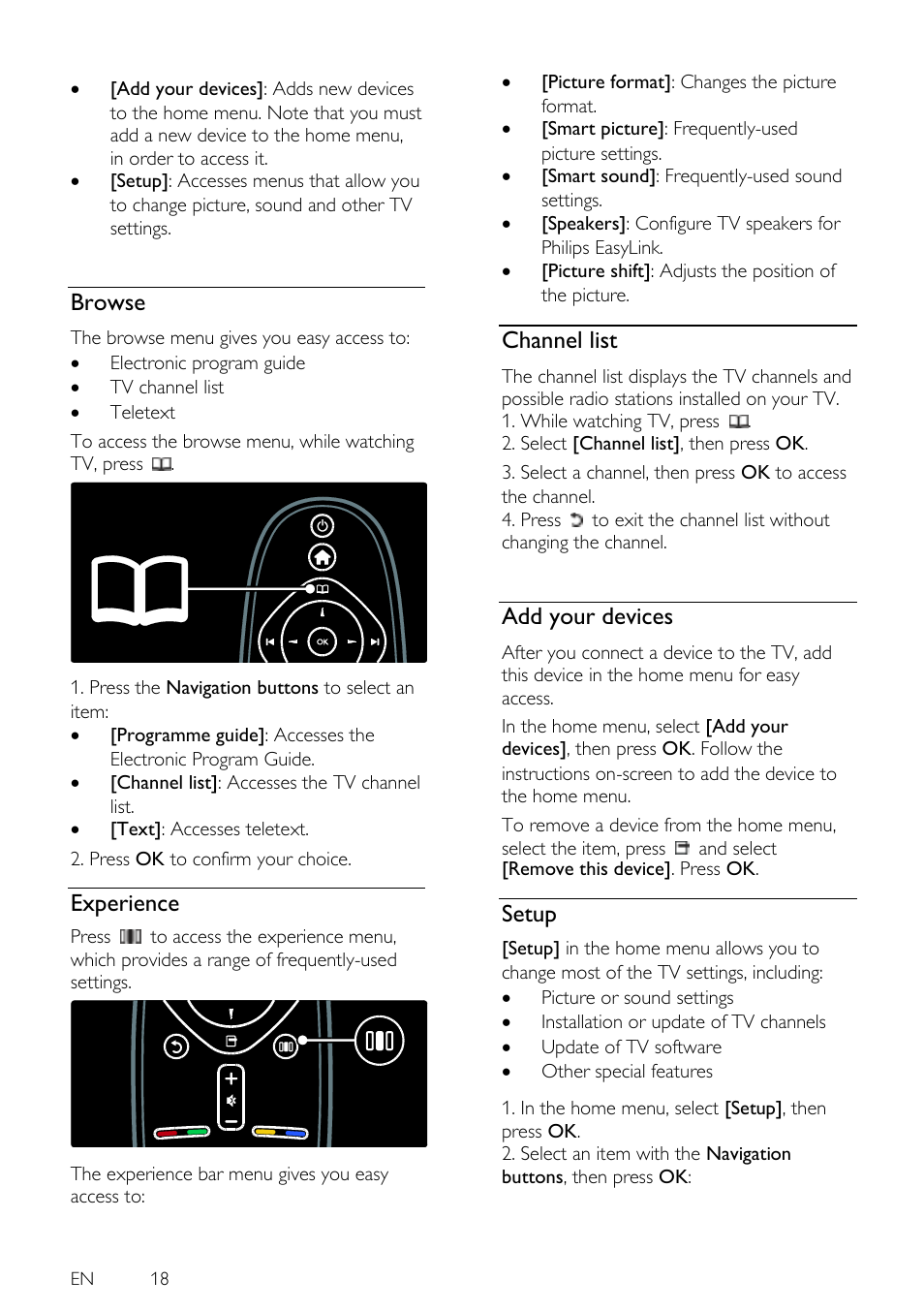 Browse, Experience, Channel list | Add your devices, Setup | Philips 46PFL5605H-12 User Manual | Page 18 / 65