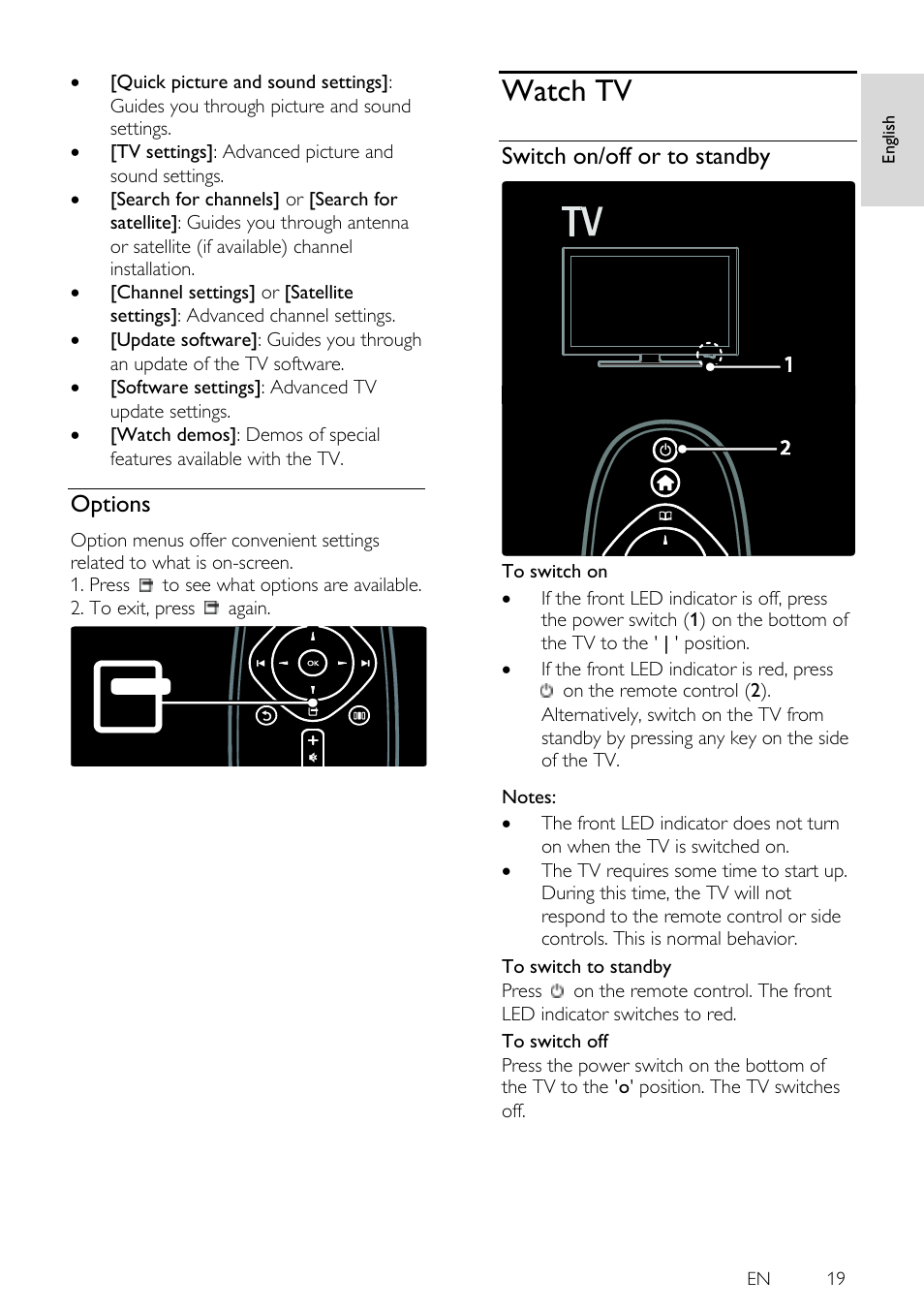 Options, Watch tv, Switch on/off or to standby | Philips 46PFL5605H-12 User Manual | Page 19 / 65