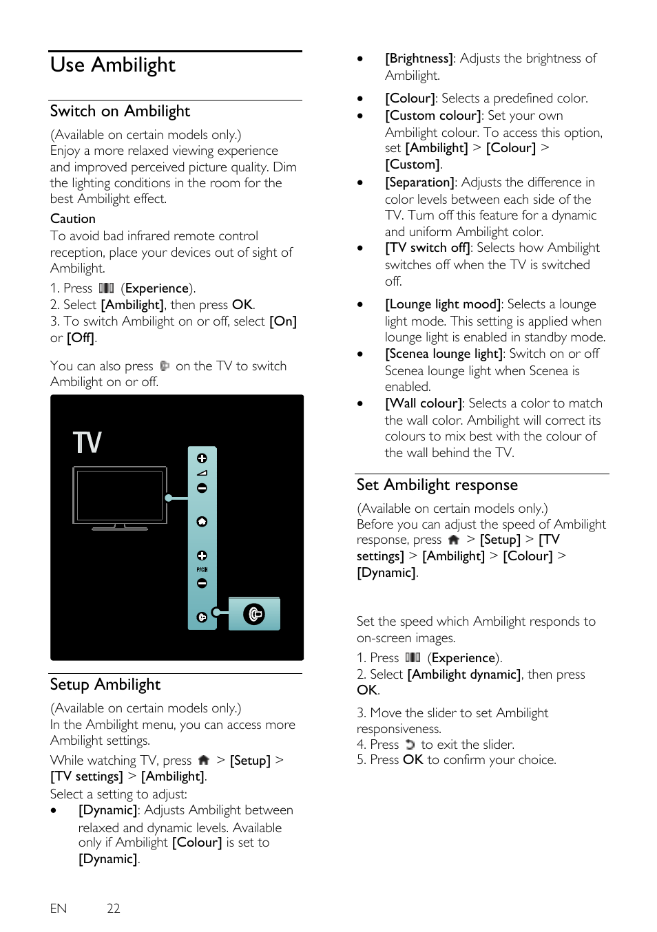 Use ambilight, Switch on ambilight, Setup ambilight | Set ambilight response | Philips 46PFL5605H-12 User Manual | Page 22 / 65