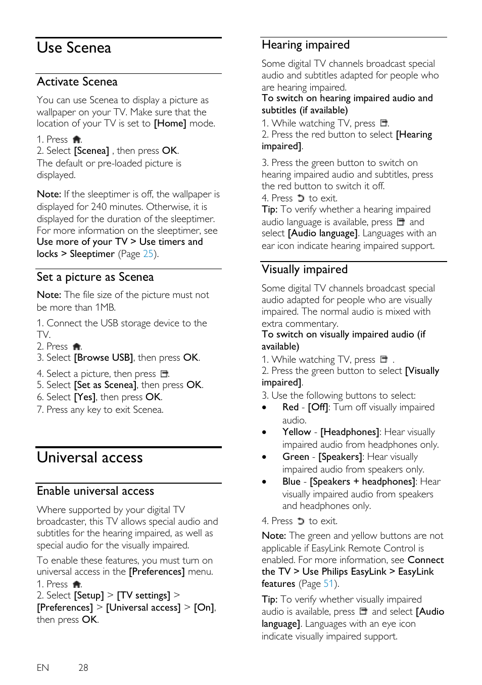 Use scenea, Activate scenea, Set a picture as scenea | Universal access, Enable universal access, Hearing impaired, Visually impaired | Philips 46PFL5605H-12 User Manual | Page 28 / 65