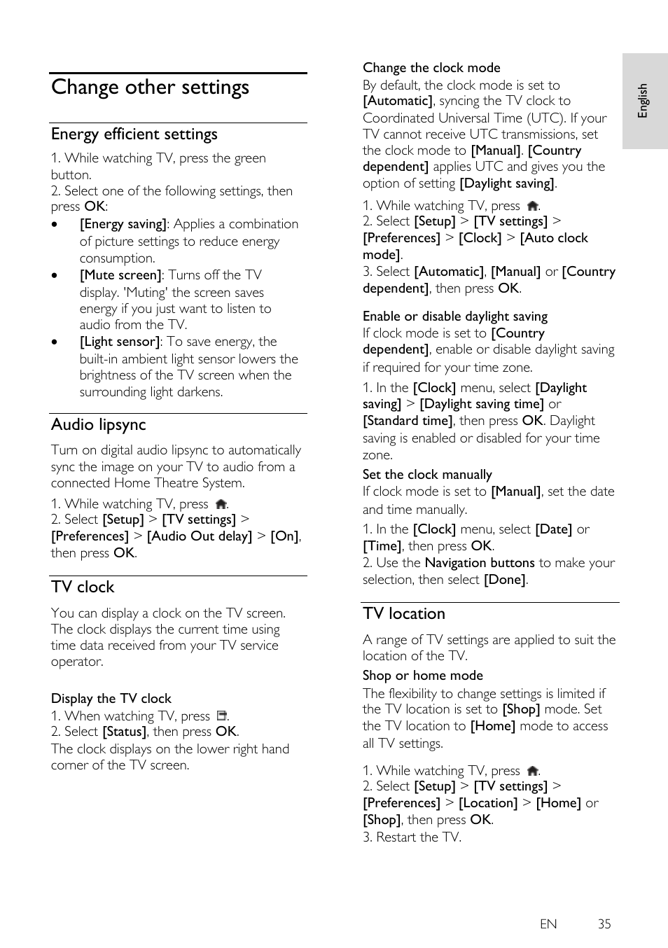 Change other settings, Energy efficient settings, Audio lipsync | Tv clock, Tv location, En 35 | Philips 46PFL5605H-12 User Manual | Page 35 / 65