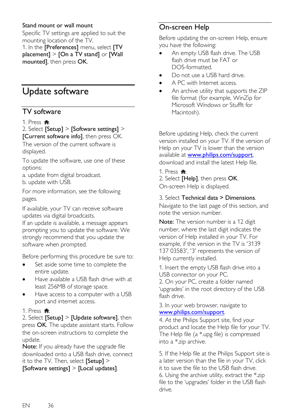 Update software, Tv software, On-screen help | Philips 46PFL5605H-12 User Manual | Page 36 / 65